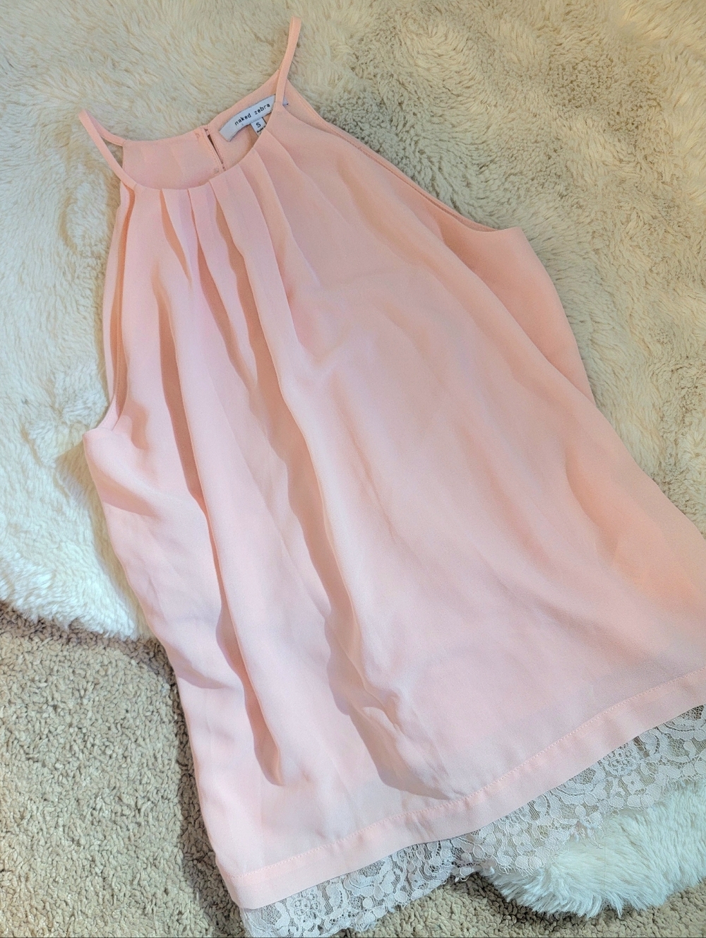 **Blush Pink Thin Strap Lace-trim Tank Top**